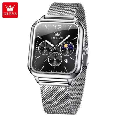 OLEVS 9914 Men's Watches Original Fashion Quartz Wristwatch Mesh Steel Waterproof Luminous Moon Phase Chronograph Square Watch